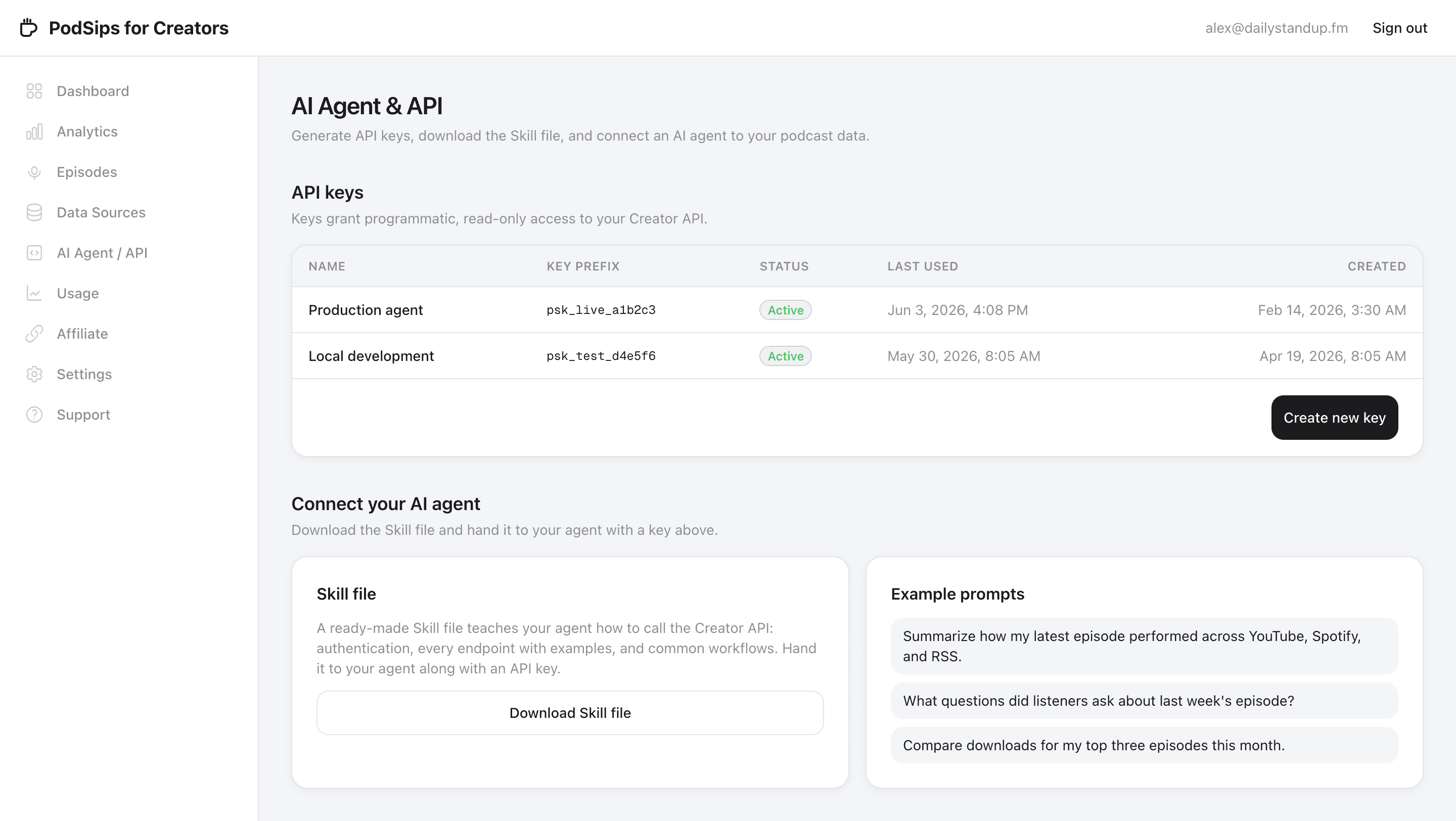 AI and API page with an API keys table, the downloadable Skill file, and example prompts.