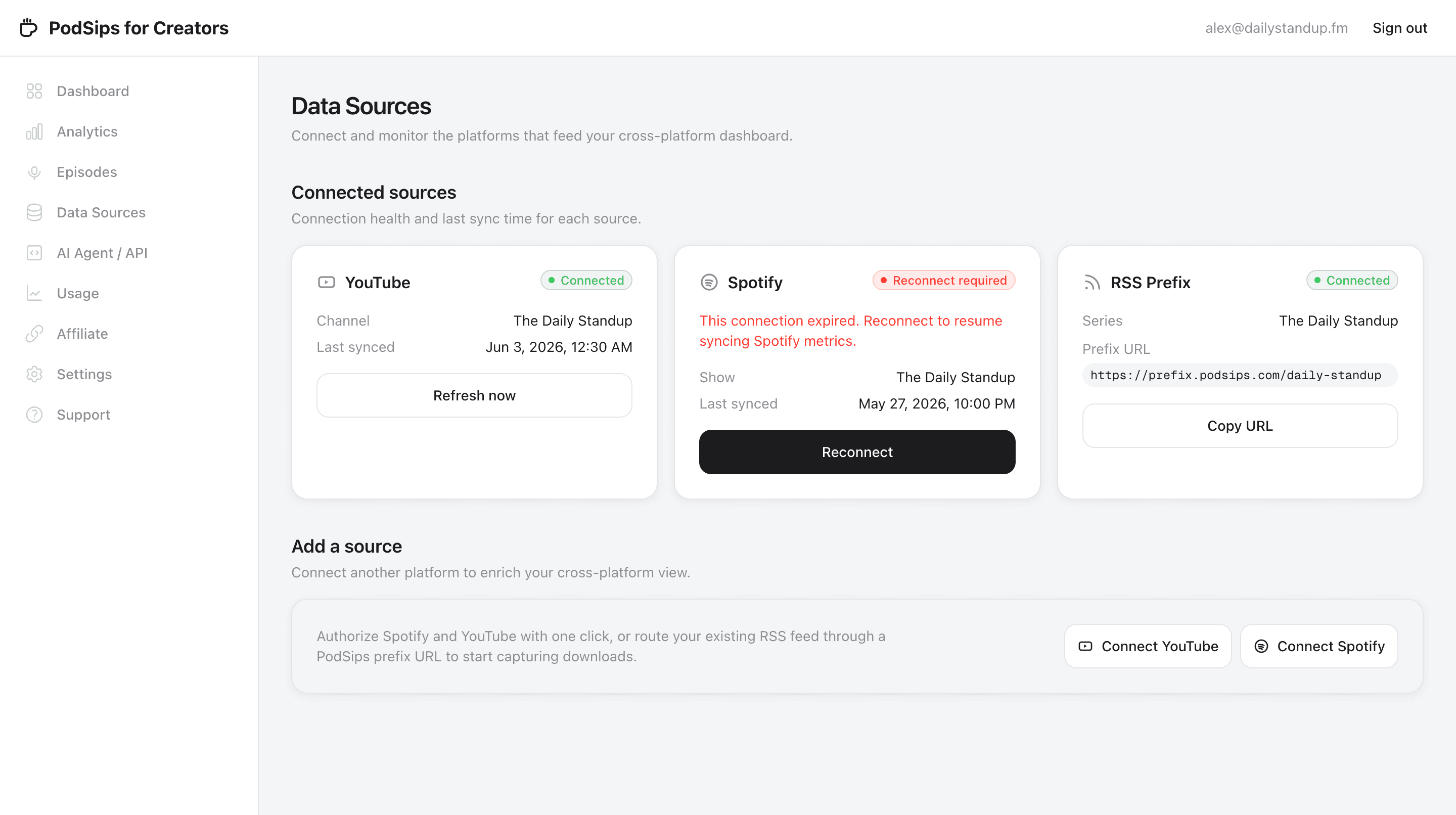 Data sources page with YouTube, Spotify, and RSS connection cards, status badges, and a prefix URL.